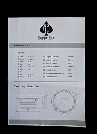 Audio Ace Diamond X8 8″ Coaxial Mid‑Range Pro Speaker - 180W RMS, 4Ω