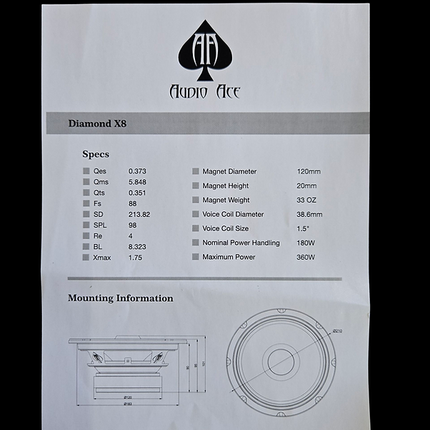 Audio Ace Diamond X8 8″ Coaxial Mid‑Range Pro Speaker - 180W RMS, 4Ω