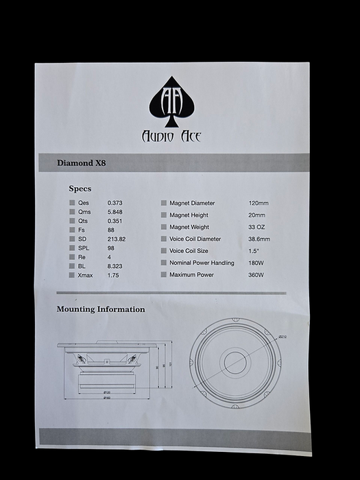 Audio Ace Diamond X8 8″ Coaxial Mid‑Range Pro Speaker - 180W RMS, 4Ω