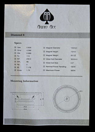 Audio Ace Diamond 8″ Mid‑Range Pro Audio Car Speaker - 180 W RMS, 4Ω