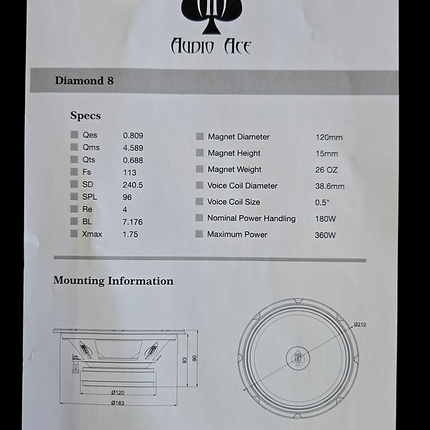 Audio Ace Diamond 8″ Mid‑Range Pro Audio Car Speaker - 180 W RMS, 4Ω