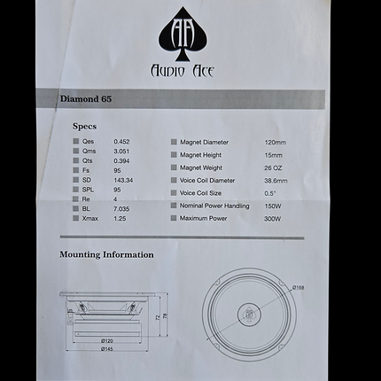 Audio Ace Diamond 6.5″ Mid‑Range Car Speaker - 150 W RMS, 4 Ω