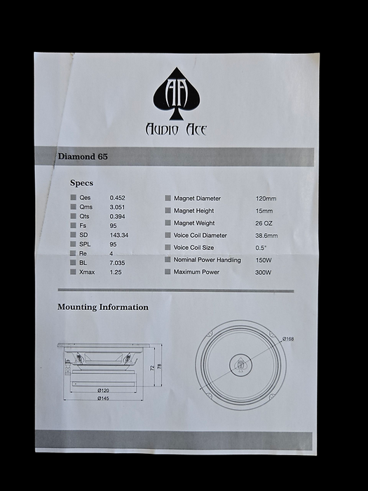 Audio Ace Diamond 6.5″ Mid‑Range Car Speaker - 150 W RMS, 4 Ω