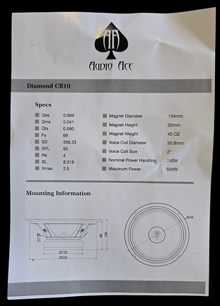 AUDIO ACE DIAMOND CB10 10" MID-RANGE CAR AUDIO SPEAKER