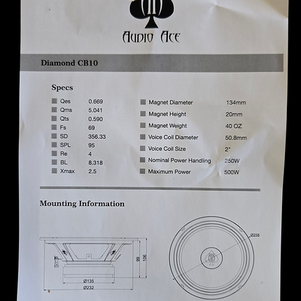 AUDIO ACE DIAMOND CB10 10" MID-RANGE CAR AUDIO SPEAKER