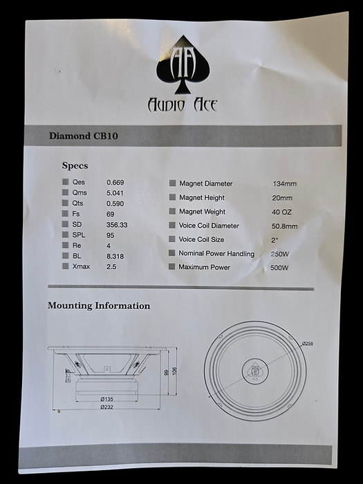 AUDIO ACE DIAMOND CB10 10" MID-RANGE CAR AUDIO SPEAKER