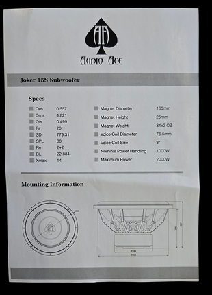 AUDIO ACE JOKER 15" V4 DUAL 2 OHM SUBWOOFER