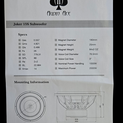 AUDIO ACE JOKER 15" V4 DUAL 2 OHM SUBWOOFER