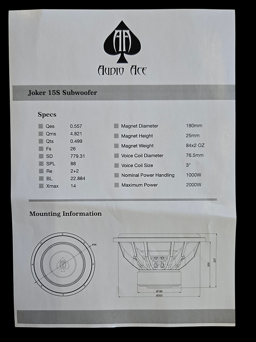 AUDIO ACE JOKER 15" V4 DUAL 2 OHM SUBWOOFER