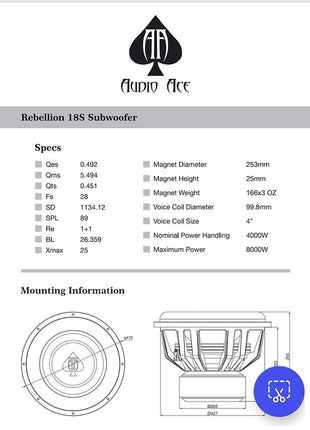 AUDIO ACE REBELLION 18" DUAL 1 OHM SUBWOOFER