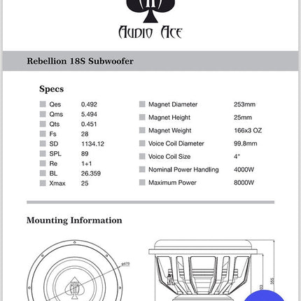 AUDIO ACE REBELLION 18" DUAL 1 OHM SUBWOOFER