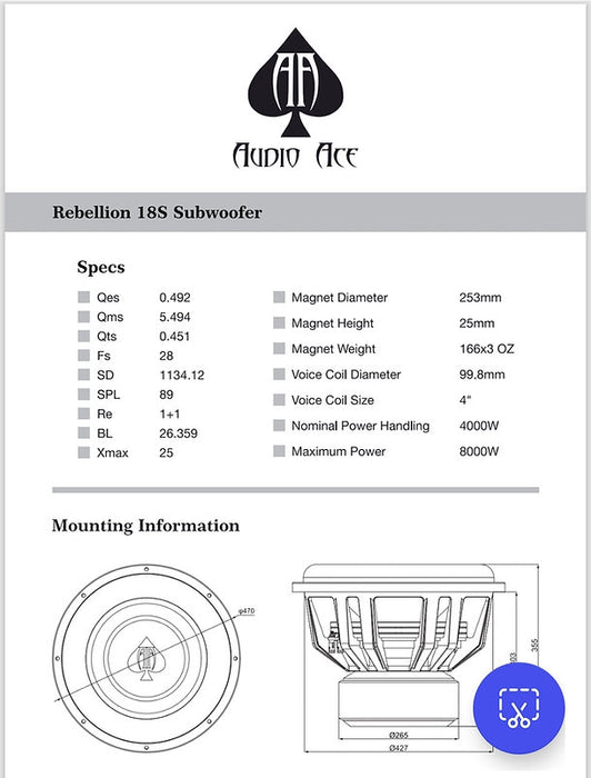 AUDIO ACE REBELLION 18" DUAL 1 OHM SUBWOOFER