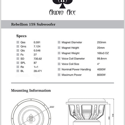 AUDIO ACE REBELLION 15" DUAL 1 OHM SUBWOOFER
