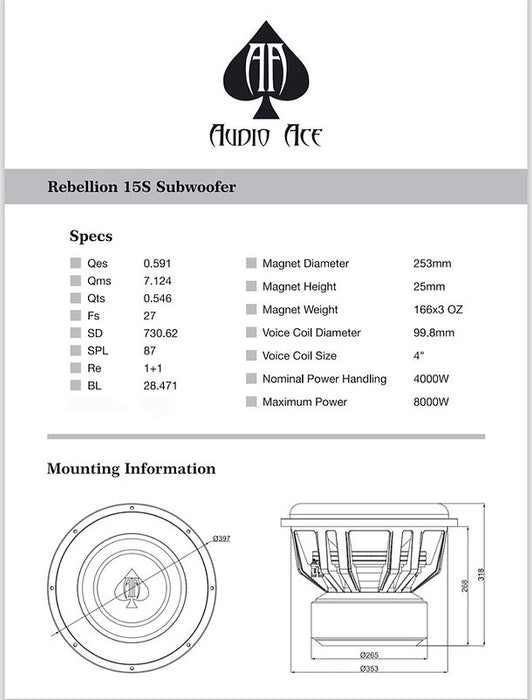 AUDIO ACE REBELLION 15" DUAL 1 OHM SUBWOOFER