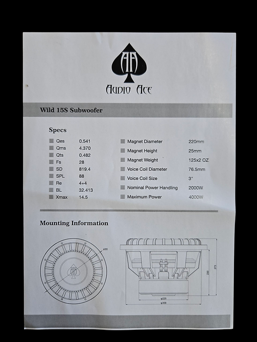 AUDIO ACE WILD 15" DUAL 4 OHM SUBWOOFER