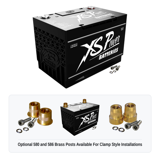 XS Power A3400 Group 34 vintage 12V AGM battery with optional 580 and 586 brass post adaptors for clamp style installations