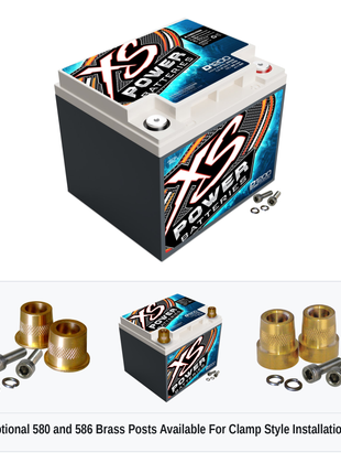 XS Power D1200 12V AGM battery with optional 580 and 586 brass post adaptors for clamp style installations