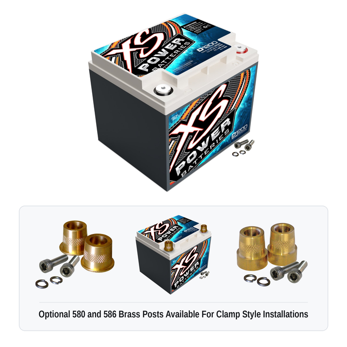 XS Power D1200 12V AGM battery with optional 580 and 586 brass post adaptors for clamp style installations
