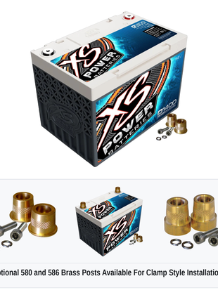 XS Power D1400 14V AGM battery with optional 580 and 586 brass post adaptors for clamp style installations