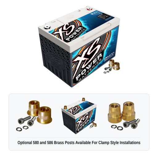 XS Power D1400 14V AGM battery with optional 580 and 586 brass post adaptors for clamp style installations