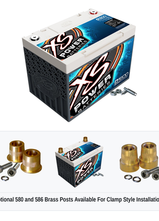 XS Power D1600 16V AGM battery with optional 580 and 586 brass post adaptors for clamp style installations