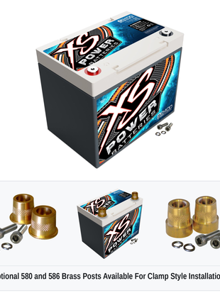 XS Power D2400 12V AGM battery with optional 580 and 586 brass post adaptors for clamp style installations