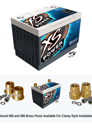 XS Power D3400 12V AGM battery with optional 580 and 586 brass post adaptors for clamp style installations