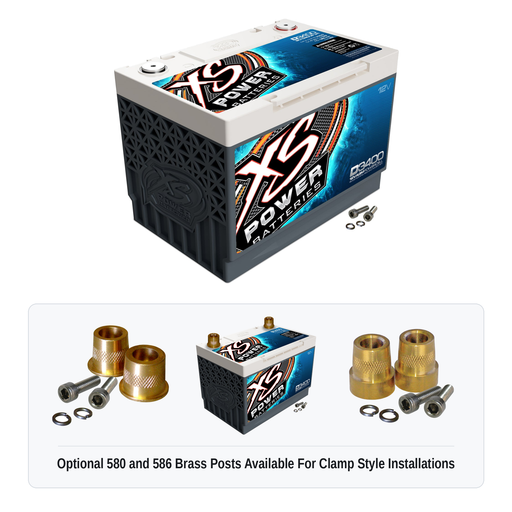 XS Power D3400 12V AGM battery with optional 580 and 586 brass post adaptors for clamp style installations