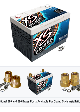 XS Power D3400R 12V AGM battery with optional 580 and 586 brass post adaptors for clamp style installations