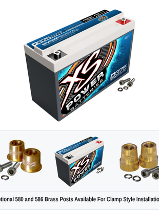XS Power D375 12V AGM battery with optional 580 and 586 brass post adaptors for clamp style installations