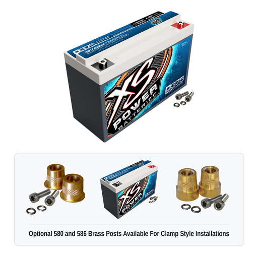 XS Power D375 12V AGM battery with optional 580 and 586 brass post adaptors for clamp style installations