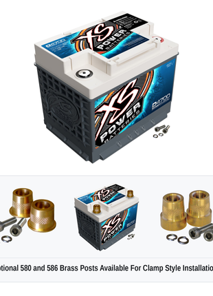 XS Power D4700 12V AGM battery with optional 580 and 586 brass post adaptors for clamp style installations