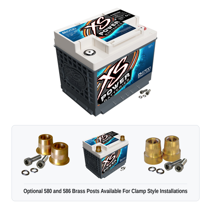 XS Power D4700 12V AGM battery with optional 580 and 586 brass post adaptors for clamp style installations