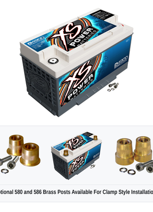 XS Power D4900 12V AGM battery with optional 580 and 586 brass post adaptors for clamp style installations