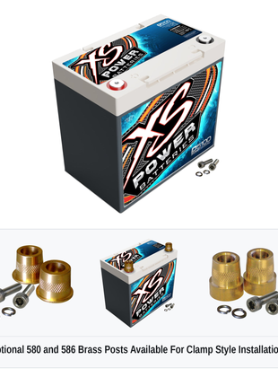 XS Power D5100 12V AGM battery with optional 580 and 586 brass post adaptors for clamp style installations