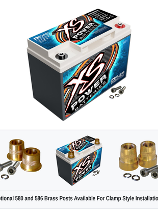 XS Power D545 12V AGM battery with optional 580 and 586 brass post adaptors for clamp style installations