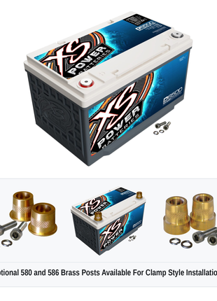 XS Power D6500 12V AGM battery with optional 580 and 586 brass post adaptors for clamp style installations