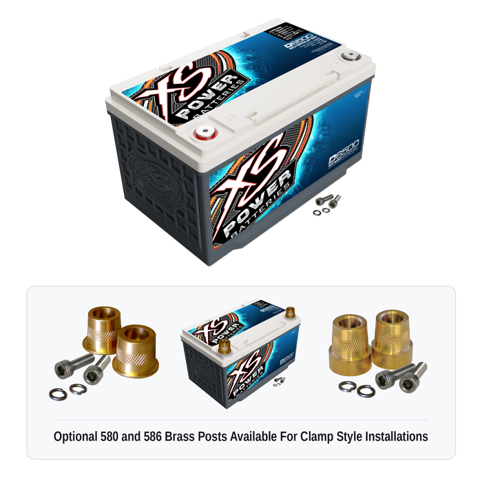 XS Power D6500 12V AGM battery with optional 580 and 586 brass post adaptors for clamp style installations