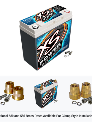 XS Power D680 12V AGM battery with optional 580 and 586 brass post adaptors for clamp style installations