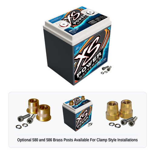 XS Power D6V-38 6V AGM battery with optional 580 and 586 brass post adaptors for clamp style installations