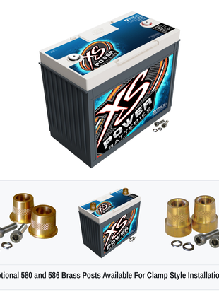 XS Power D7500 12V AGM battery with optional 580 and 586 brass post adaptors for clamp style installations