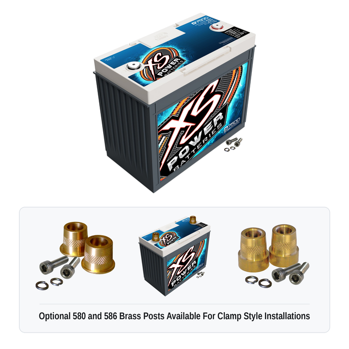 XS Power D7500 12V AGM battery with optional 580 and 586 brass post adaptors for clamp style installations