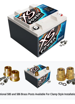 XS Power D925 12V AGM battery with optional 580 and 586 brass post adaptors for clamp style installations