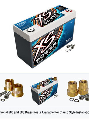 XS Power D950 12V AGM battery with optional 580 and 586 brass post adaptors for clamp style installations