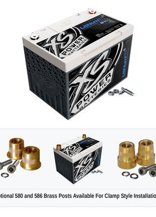 XS Power Li-D1600 16V lithium battery with optional 580 and 586 brass post adaptors for clamp style installations