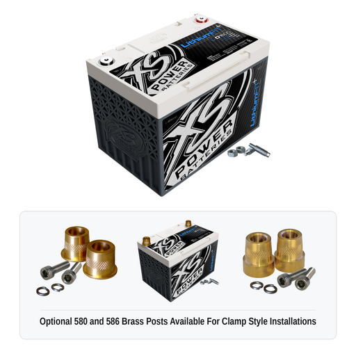 XS Power Li-D1600 16V lithium battery with optional 580 and 586 brass post adaptors for clamp style installations
