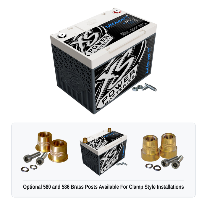 XS Power Li-D1600 16V lithium battery with optional 580 and 586 brass post adaptors for clamp style installations