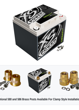 XS Power Li-PS1200L lithium powersports battery with optional 580 and 586 brass post adaptors for clamp style installations
