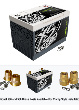 XS Power Li-PS3400 lithium powersports battery with optional 580 and 586 brass post adaptors for clamp style installations