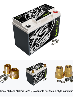 XS Power Li-PS545L lithium powersports battery with optional 580 and 586 brass post adaptors for clamp style installations